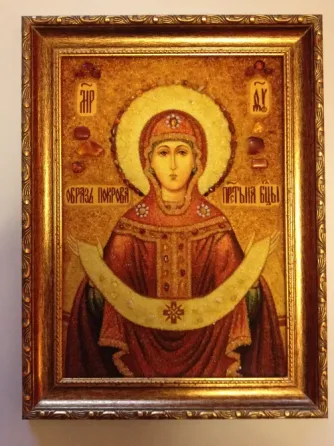 Янтарная икона «Покров Пресвятой Богородицы» ручная работа Волгоград