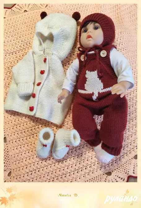 Вязаный костюм для новорожденного 0-3 мес с кошечкой и капюшоном Москва - изображение 2