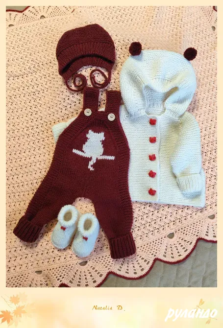 Вязаный костюм для новорожденного 0-3 мес с кошечкой и капюшоном Москва - изображение 3