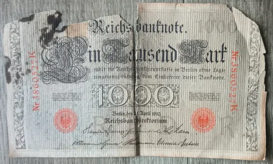 Кайзерская Германия Reichsbanknote 1000 марок, 21 апреля 1910, серия К серия D, семизначный номер Калининград