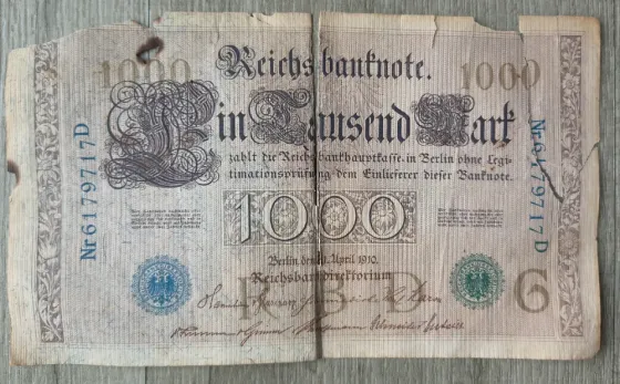 Кайзерская Германия Reichsbanknote 1000 марок, 21 апреля 1910, серия К серия D, семизначный номер Калининград